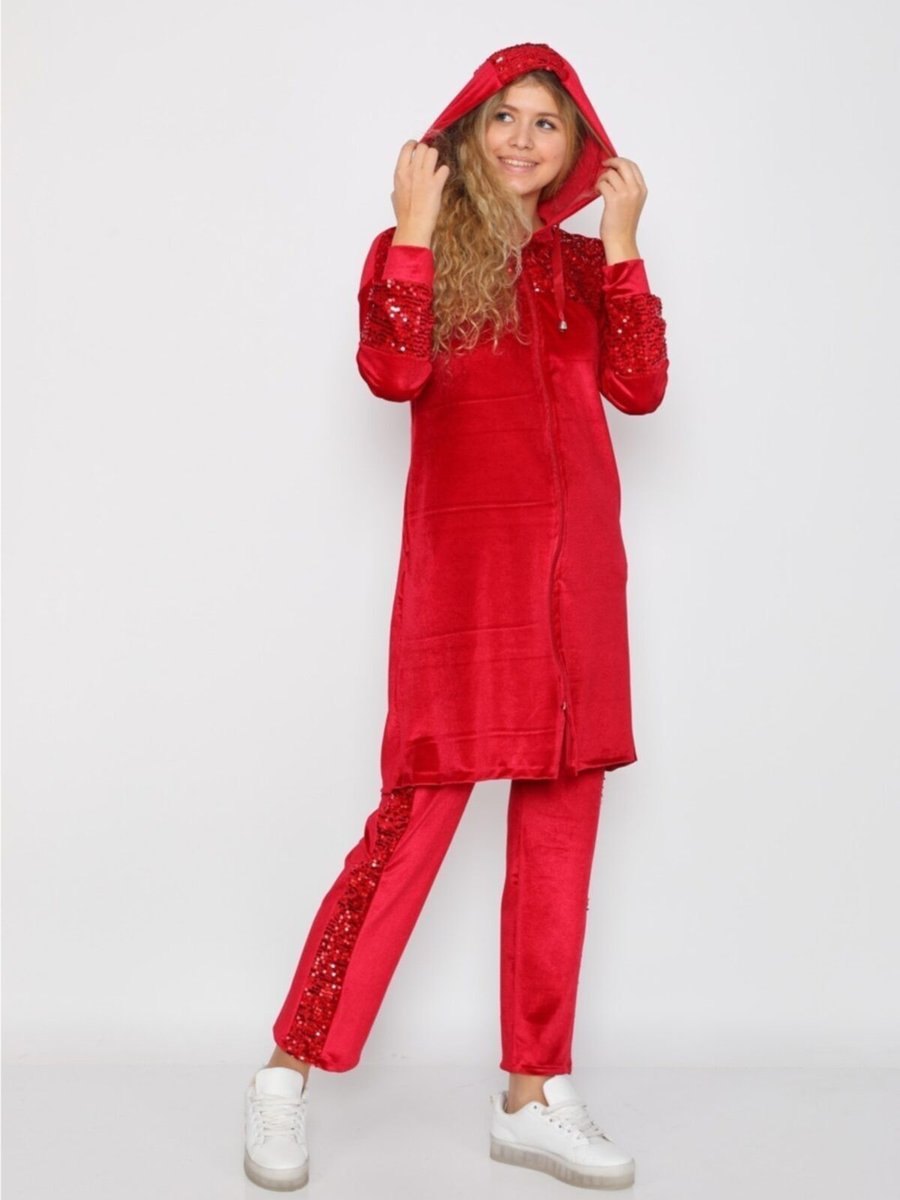 Westbound Kırmızı Pul Payetli Kadife Eşofman Takımı