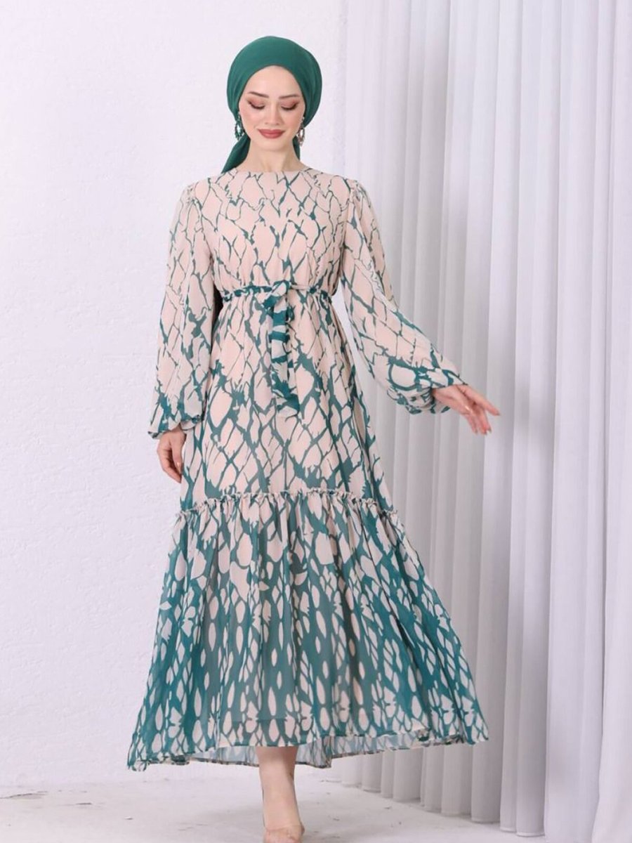 XXL BUTİK Yeşil Şifon Eteği Fırfırlı Desenli Elbise