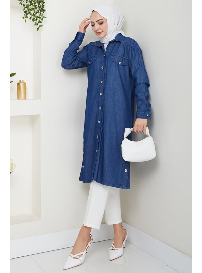 Bestenur Nesir Çift Cepli Koyu Mavi Gömlek