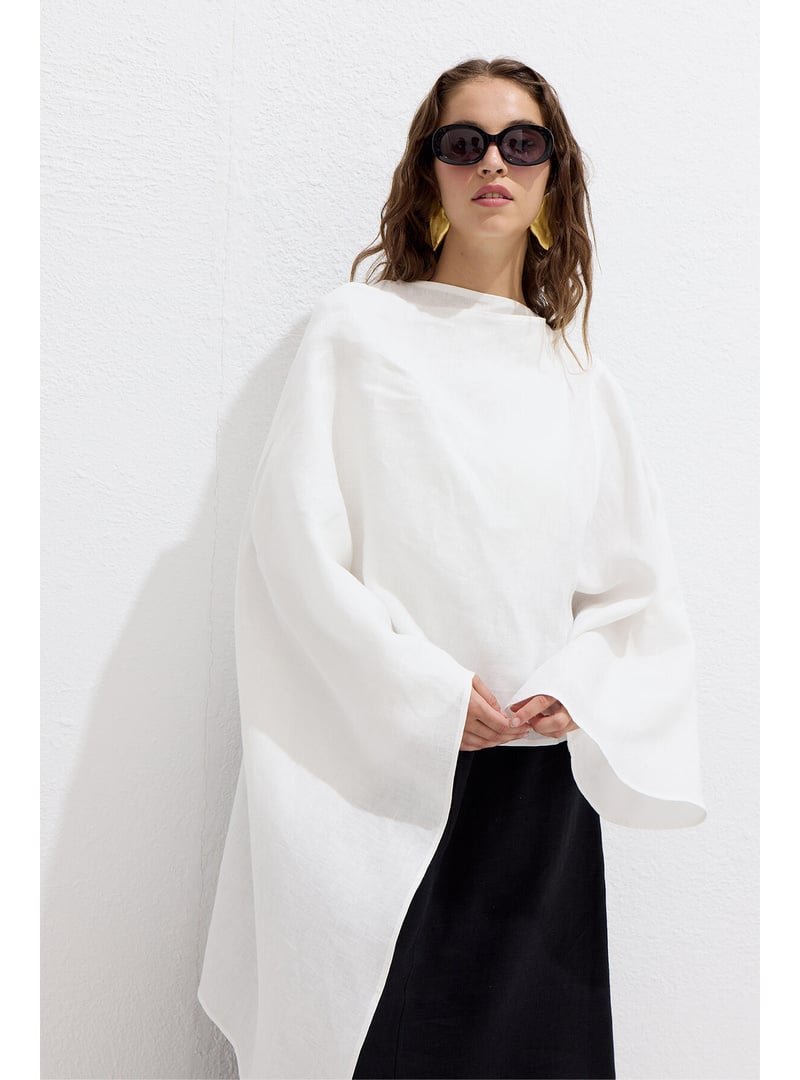 MANUKA Asimetrik Keten Pelerin Ekru Bluz