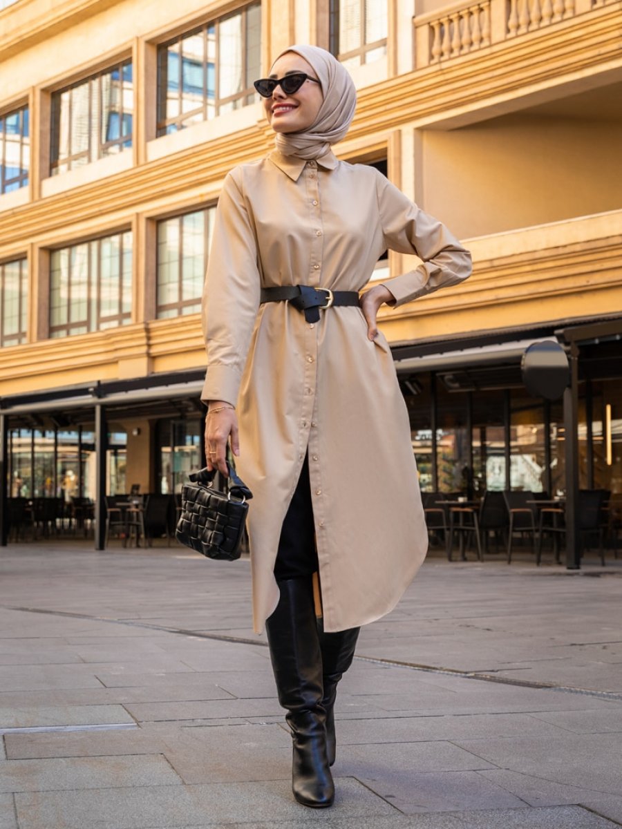 Everyday Basic Boydan Düğmeli Nude Tunik