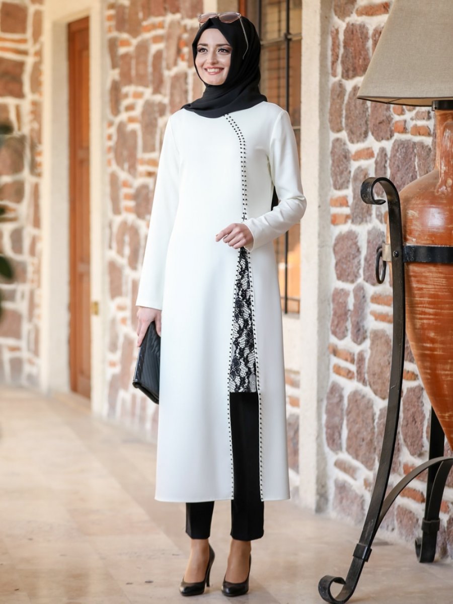 FUVAL MODA Sahra Tunik&Pantolon Abiye Ekru Takım