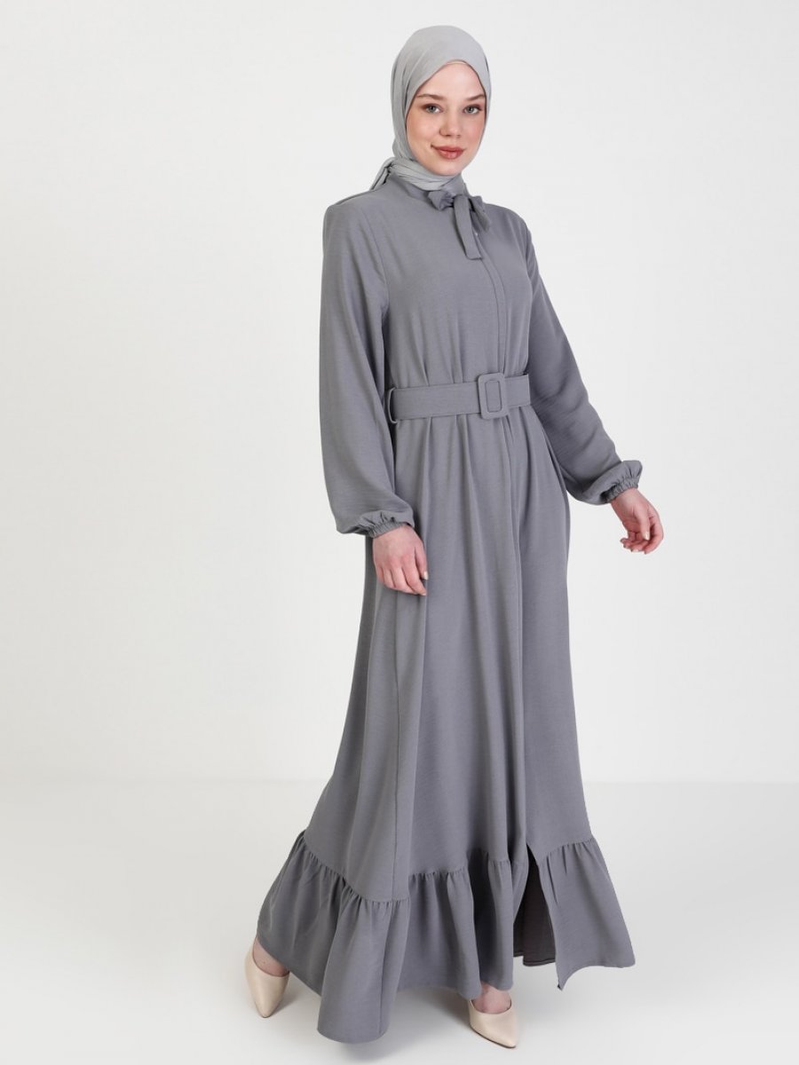 Jamila Etek Uclari Firfir Detayli Gri Ferace Ehl I Tesettur