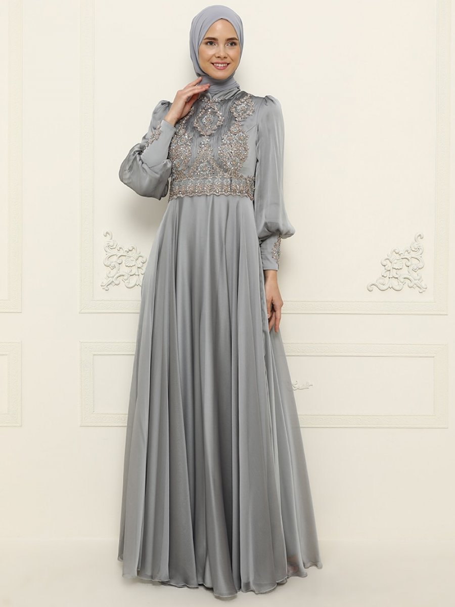 SomFashion Kayra Gri Abiye Elbise